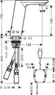 Hansgrohe Waschtischmischer mit einem präzisen Design, Temperaturregulierung und einem Netzanschluss, abgebildet mit detaillierten Maßen und Anschlussmöglichkeiten.